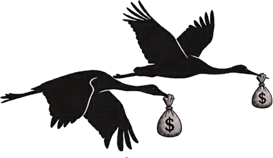 Two cranes in flight carrying money bags